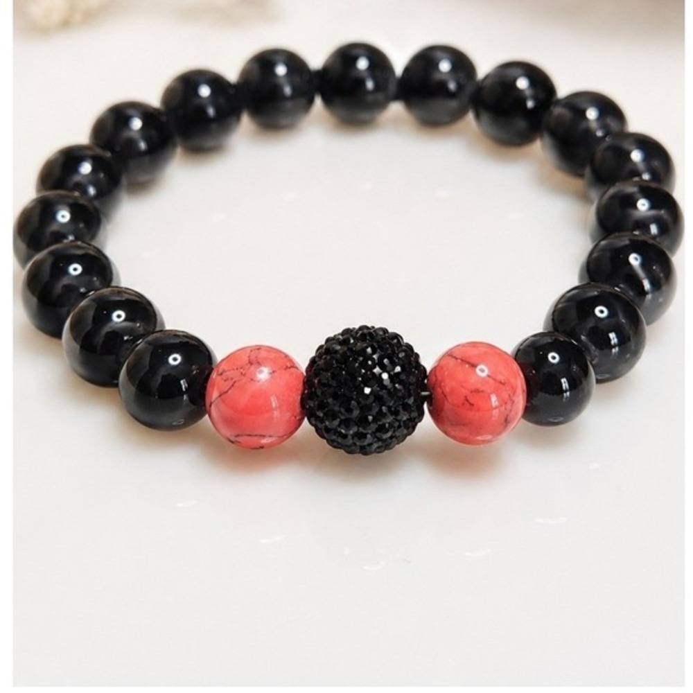 Black Glass Beaded Stretch Bracelet Coral Howlite Accent Rhinestone Pave Bead